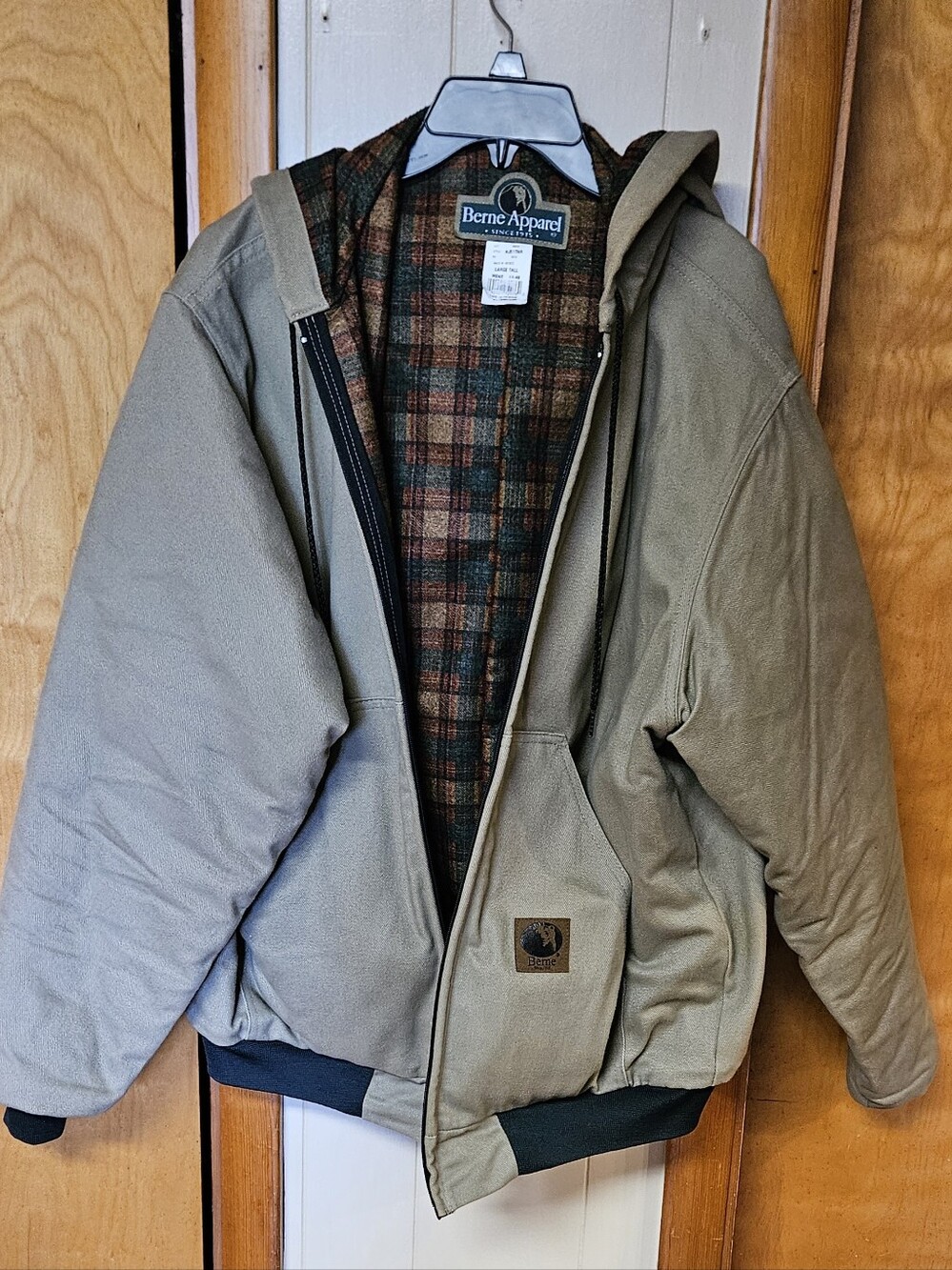 Berne Olive Hooded Bomber Jacket with Plaid Lining